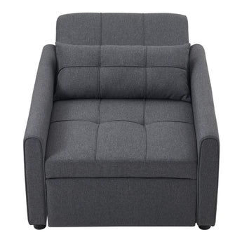 Dark grey upholstered sofa bed chair front panel with tufted seat cushions