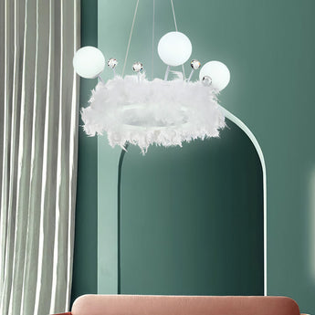 White feather LED pendant light with crystal ball accents and 5 round opal shades