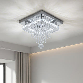 25cm square crystal ceiling light with hanging droplets, chrome frame