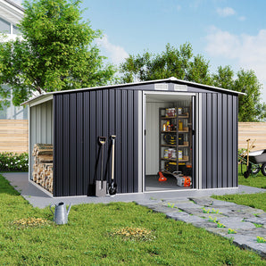 Steel garden storage shed with gable roof, side door open showing shelving and supplies inside.