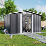 Garden storage shed mit geneigtem Satteldach, geöffnetes Schiebetor, Sicht ins Innere