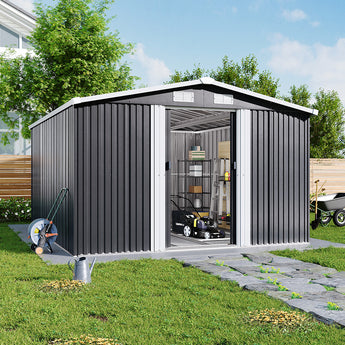 Garden storage shed mit geneigtem Satteldach, geöffnetes Schiebetor, Sicht ins Innere