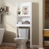 White over-toilet cabinet with open shelves and top door; space for toiletries and towels