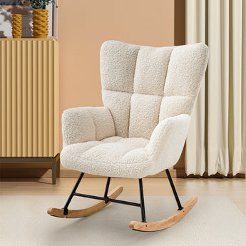 Upholstered rocking chair with sherpa texture, tufted back, black base and light wood rockers