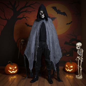 Hooded Halloween costume with skull mask and gray tattered cape over dark outfit