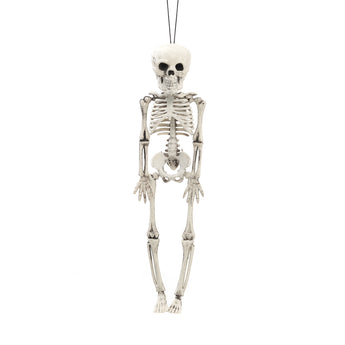 White hanging skeleton decoration with skull and ribcage, full-body view