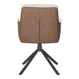 Adjustable accent chair back view with brown backing and beige top, black tripod legs