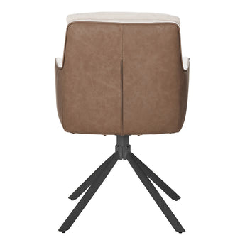 Adjustable accent chair back view with brown backing and beige top, black tripod legs