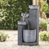 Outdoor solar water fountain decor with stacked rock-style basins, dark gray.