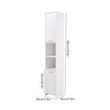 White tall storage cabinet with shelves and two cupboard sections, tall narrow design