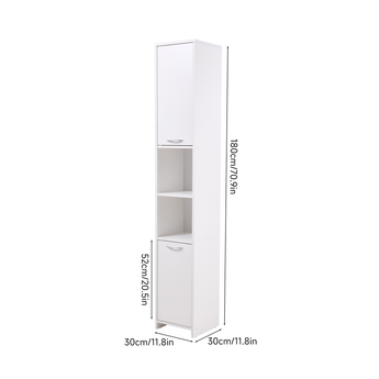 White tall storage cabinet with shelves and two cupboard sections, tall narrow design