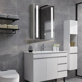 Bathroom LED mirror medicine cabinet with vertical LED light bars and stacked storage shelves