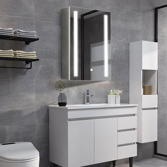 Bathroom LED mirror medicine cabinet with vertical LED light bars and stacked storage shelves
