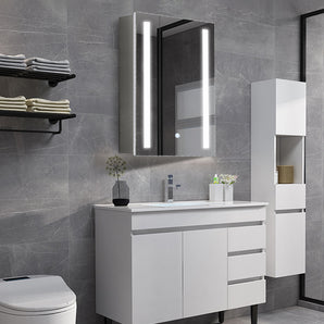 Bathroom LED mirror medicine cabinet with vertical LED light bars and stacked storage shelves