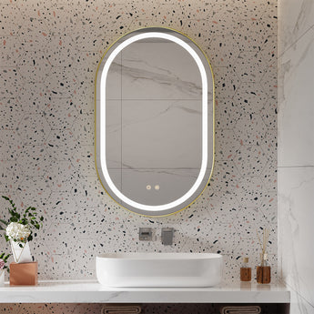 Wall-mounted oval LED bathroom mirror with white LED ring and touch buttons