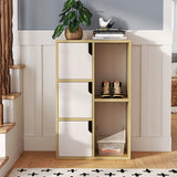 Light wood storage cabinet with white doors and inner cubby shelving
