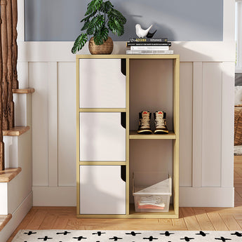 Light wood storage cabinet with white doors and inner cubby shelving
