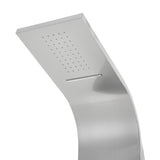 Silver rain shower head on shower tower panel with spray nozzles