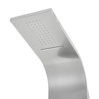 Silver rain shower head on shower tower panel with spray nozzles