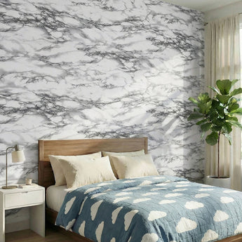 Marble effect PVC surface, white with gray veining on a large panel