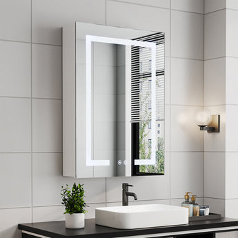 Angled view of white LED mirror cabinet with backlit frame and touch control buttons