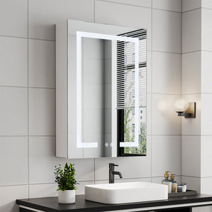 Angled view of white LED mirror cabinet with backlit frame and touch control buttons