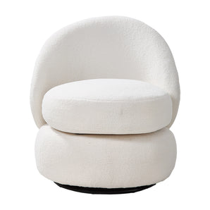 White sherpa swivel accent chair with rounded arms and thick cushioned seat