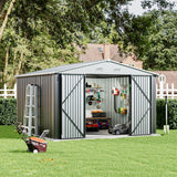 Grey metal garden storage shed with apex roof and double doors open