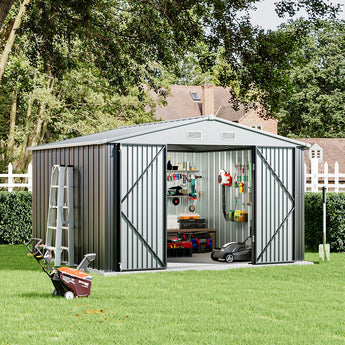 Grey metal garden storage shed with apex roof and double doors open
