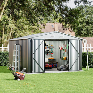 Grey metal garden storage shed with apex roof and double doors open