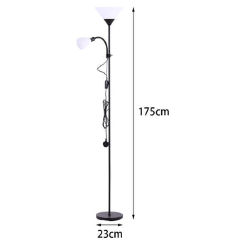 Black double-head floor lamp with two white cone shades and thin pole