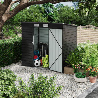 Black steel storage shed with door open, latch, and vent grilles on roof panel