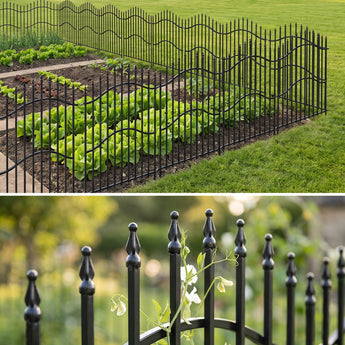Black metal garden fence panel with arched wave design and pointed finials along bed
