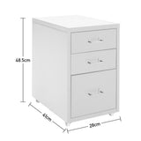 White rolling file cabinet size view: 48.5cm high, 28cm wide, 41cm deep