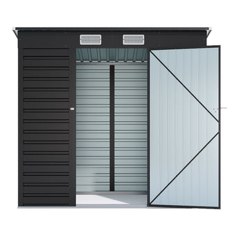Gray storage shed with side doors opened, vented roof and interior paneling