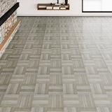 Wood-effect vinyl floor tiles in light beige herringbone pattern, peel-and-stick
