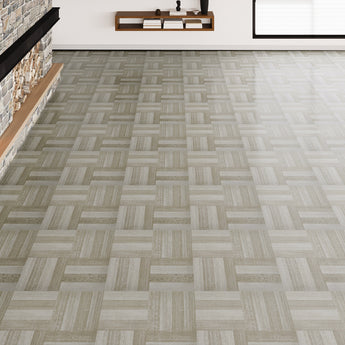 Wood-effect vinyl floor tiles in light beige herringbone pattern, peel-and-stick