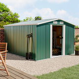 Dark green metal garden storage shed with side door open and stacked items inside