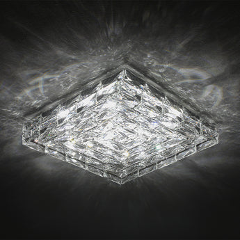 Square crystal LED ceiling light with faceted crystal canopy and bright LED glow