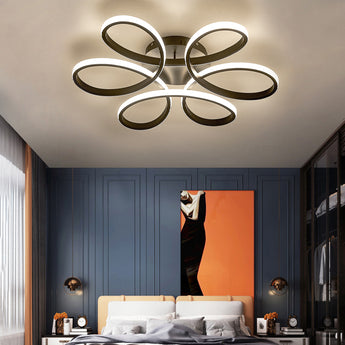 Light-adjustable LED semi-flush mount ceiling light with five acrylic ring shades and dark base