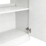 White bathroom vanity cabinet with open doors, showing interior storage compartment and hinges