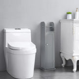Grey toilet roll cabinet with open door and shelf storage beside toilet