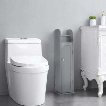 Grey toilet roll cabinet with open door and shelf storage beside toilet