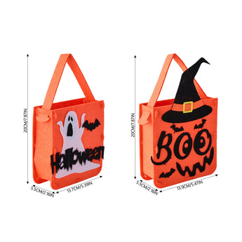 Orange Halloween gift bags with handles; left ghost and right witch “Boo”
