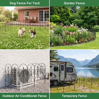 Metal garden fence panels with arched scroll design and spear finials, dark finish