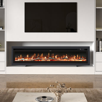 70/80 inch electric fireplace insert with tempered glass front and orange flame display