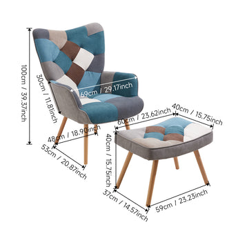 Armchair and footstool size diagram with labeled inch and cm dimensions