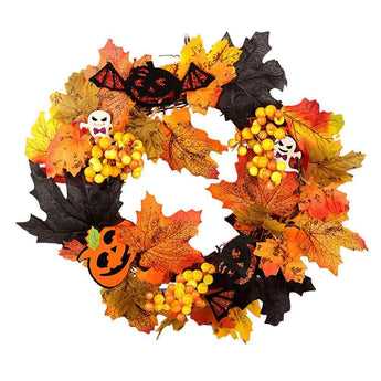 Halloween wreath with orange and black leaves, black bats, pumpkins, and berry clusters