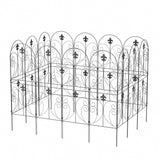 Expanded view of black metal garden fence panels with arched decorative scrollwork