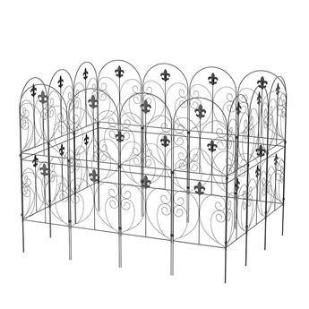 Expanded view of black metal garden fence panels with arched decorative scrollwork
